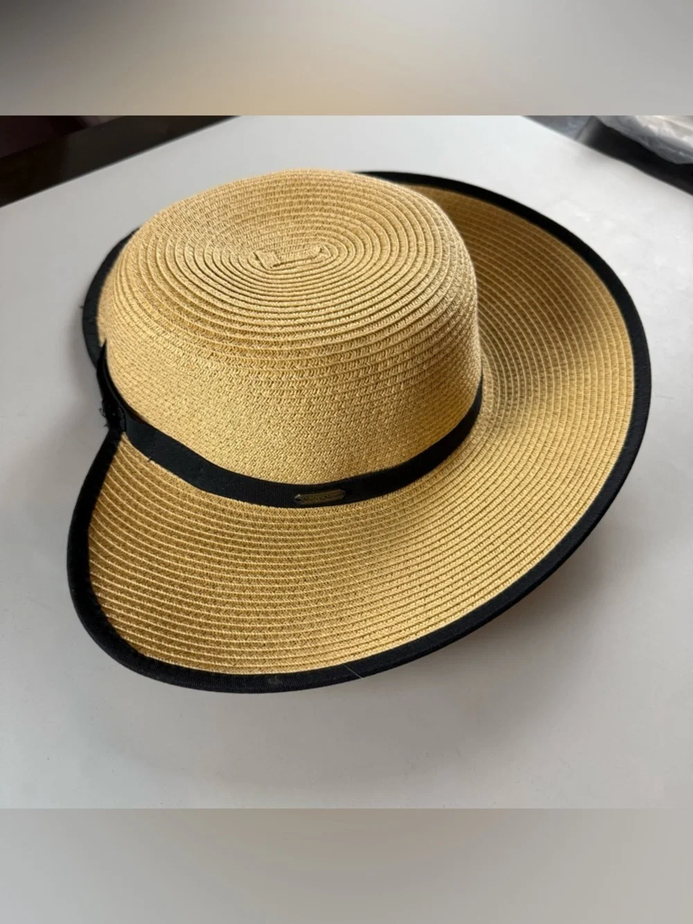 Sun N Sand Straw Wide Brim Hat Tan Black Trim UPF 50+ Adjustable